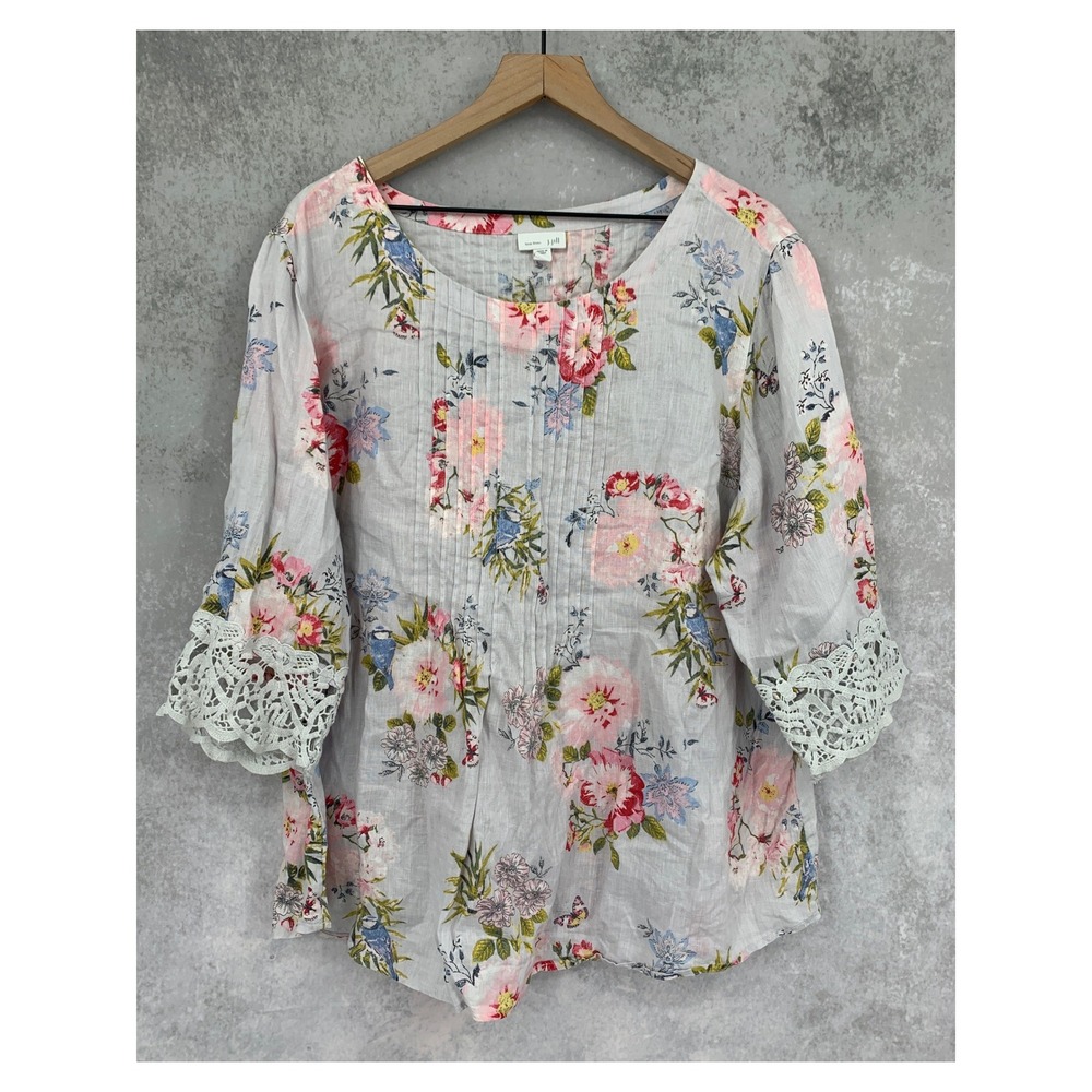 J Jill Shirt Womens 2X Gray Pink Floral Love Linen Crochet Boho Cottagecore Fall